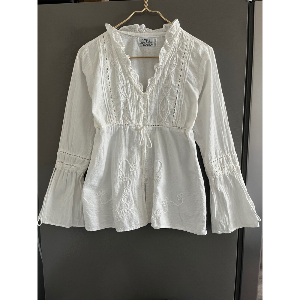 American South Peru Side White Cotton Embroidered Boho Bell Sleeve Blouse Top